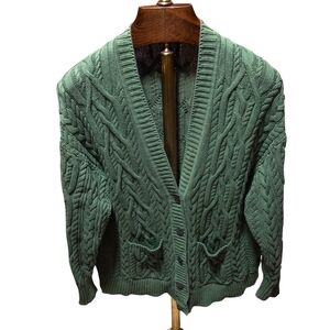 J. Crew Womens Cable Knit Cardigan Sweater Green Pockets Size XL